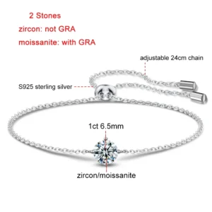 Certified 1CT Moissanite Bracelet for Women Real S925 Silver Classic Round Lab Diamond Charm Hand Chain Adjustable Jewelry Gifts
