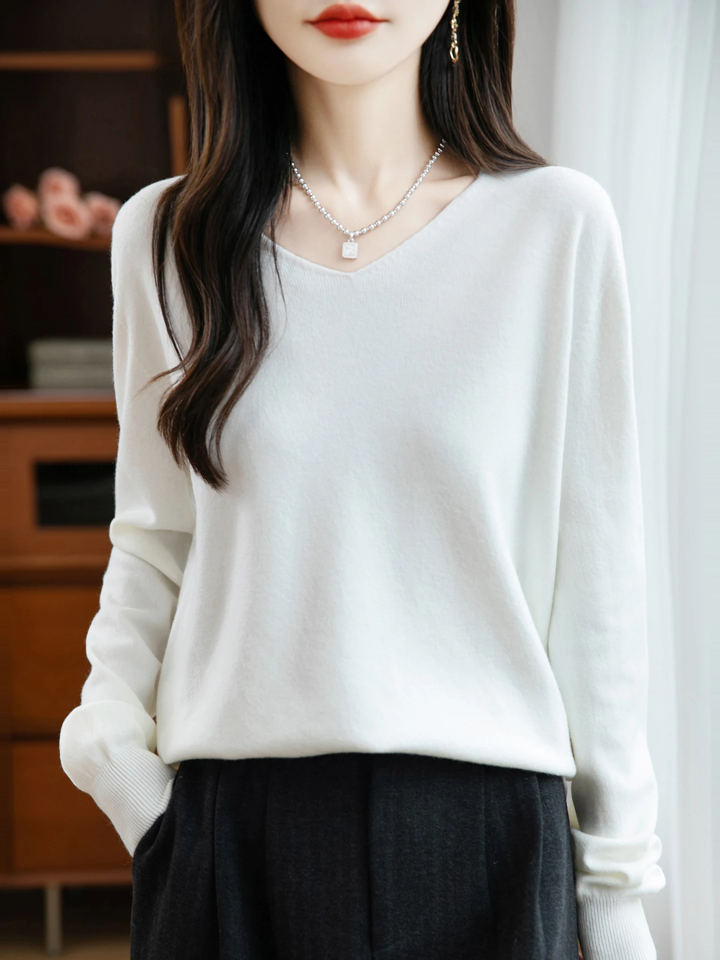 Basic Autumn Winter Woman Sweater Solid Female Merino Wool Knitwear V-Neck Pullover Cashmere Ladies Long Sleeve Clothing Tops - Image 4