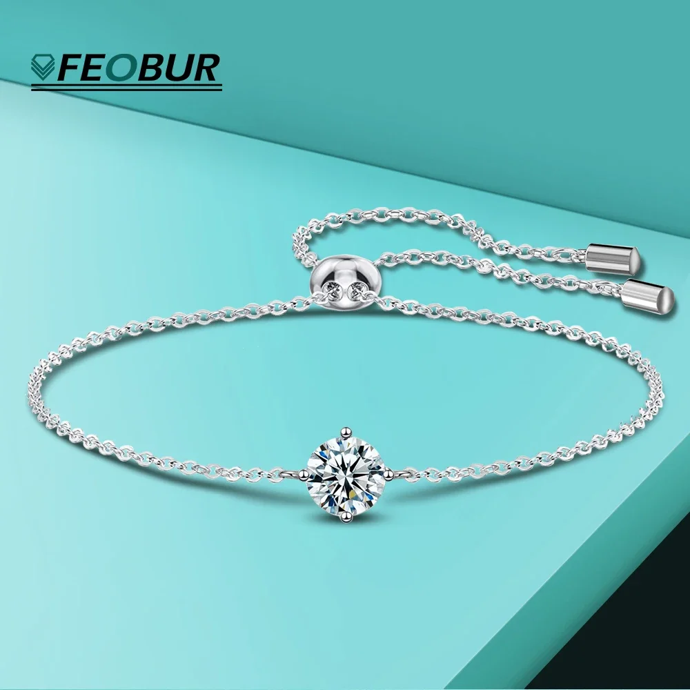 Certified 1CT Moissanite Bracelet for Women Real S925 Silver Classic Round Lab Diamond Charm Hand Chain Adjustable Jewelry Gifts