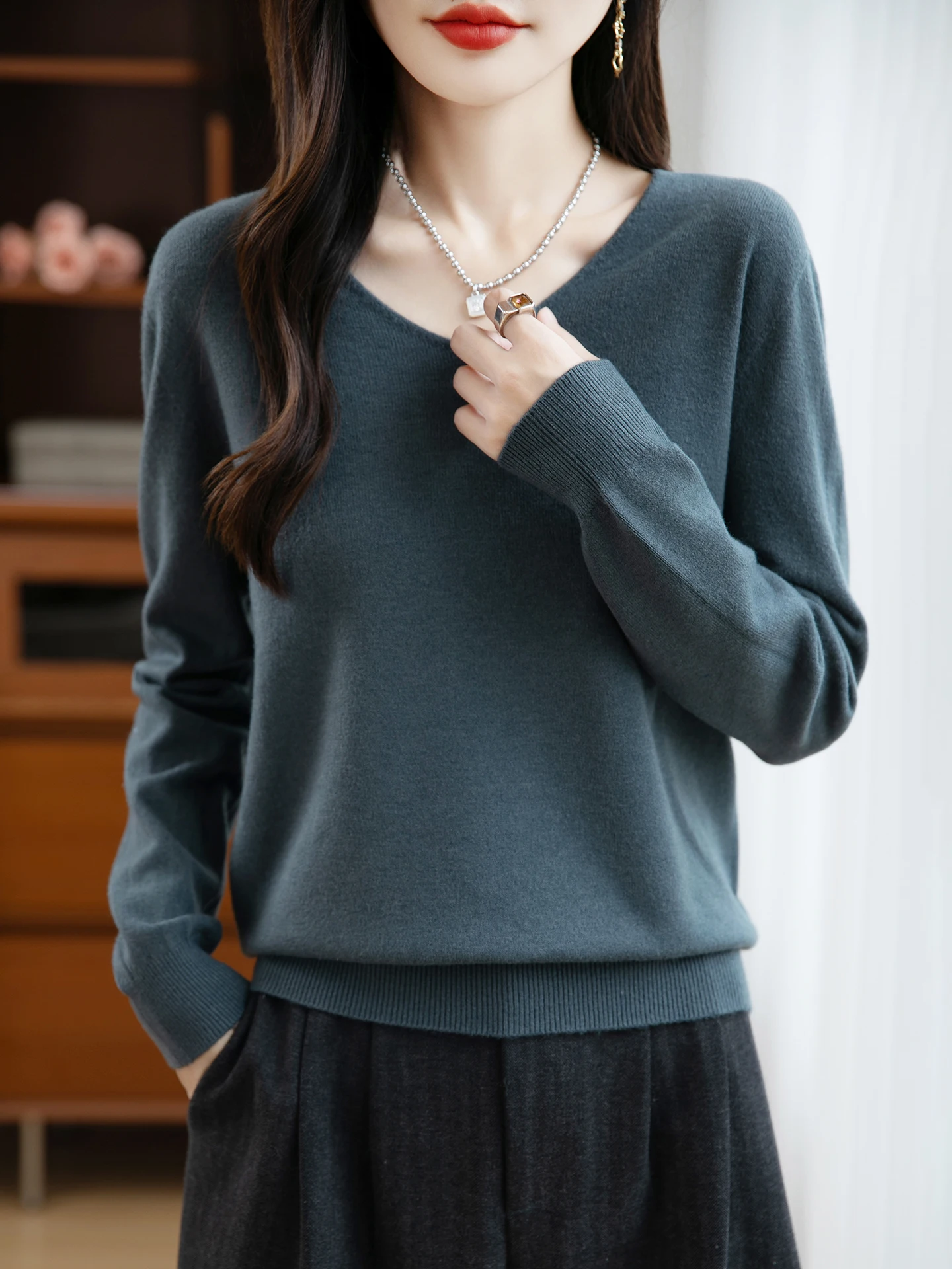 Basic Autumn Winter Woman Sweater Solid Female Merino Wool Knitwear V-Neck Pullover Cashmere Ladies Long Sleeve Clothing Tops - Image 3