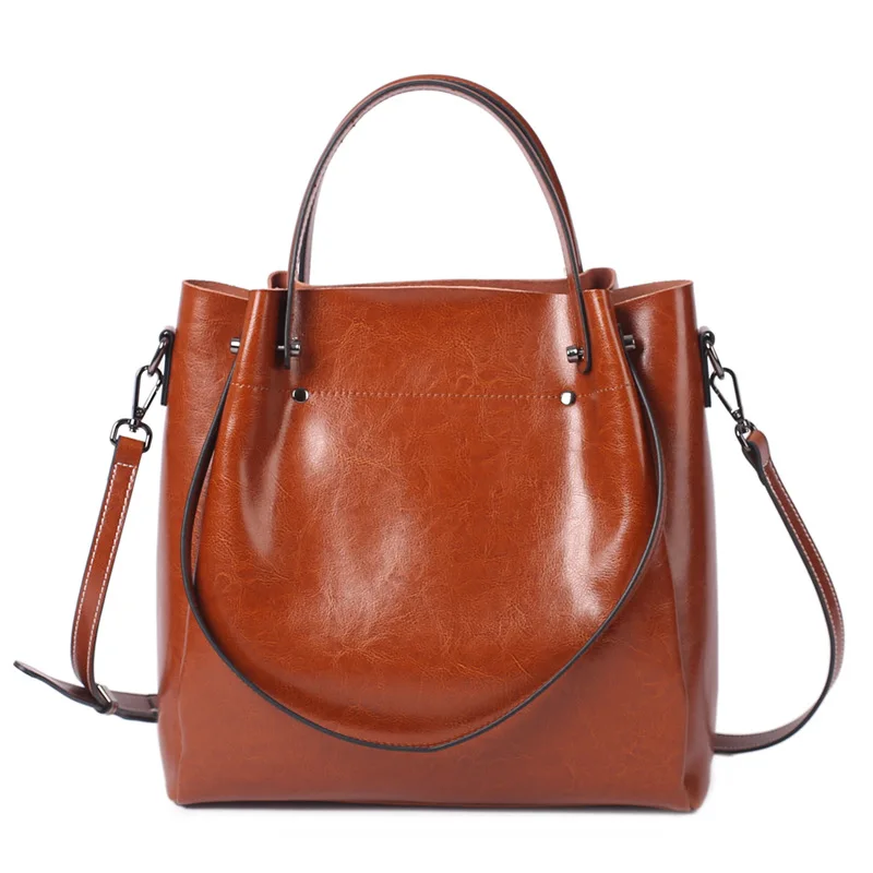 100% Genuine Leather Women Tote Bag Large Capacity High Quality Cowhide Women's Shoulder Bags Wrinkled Opening Fashion Handbag