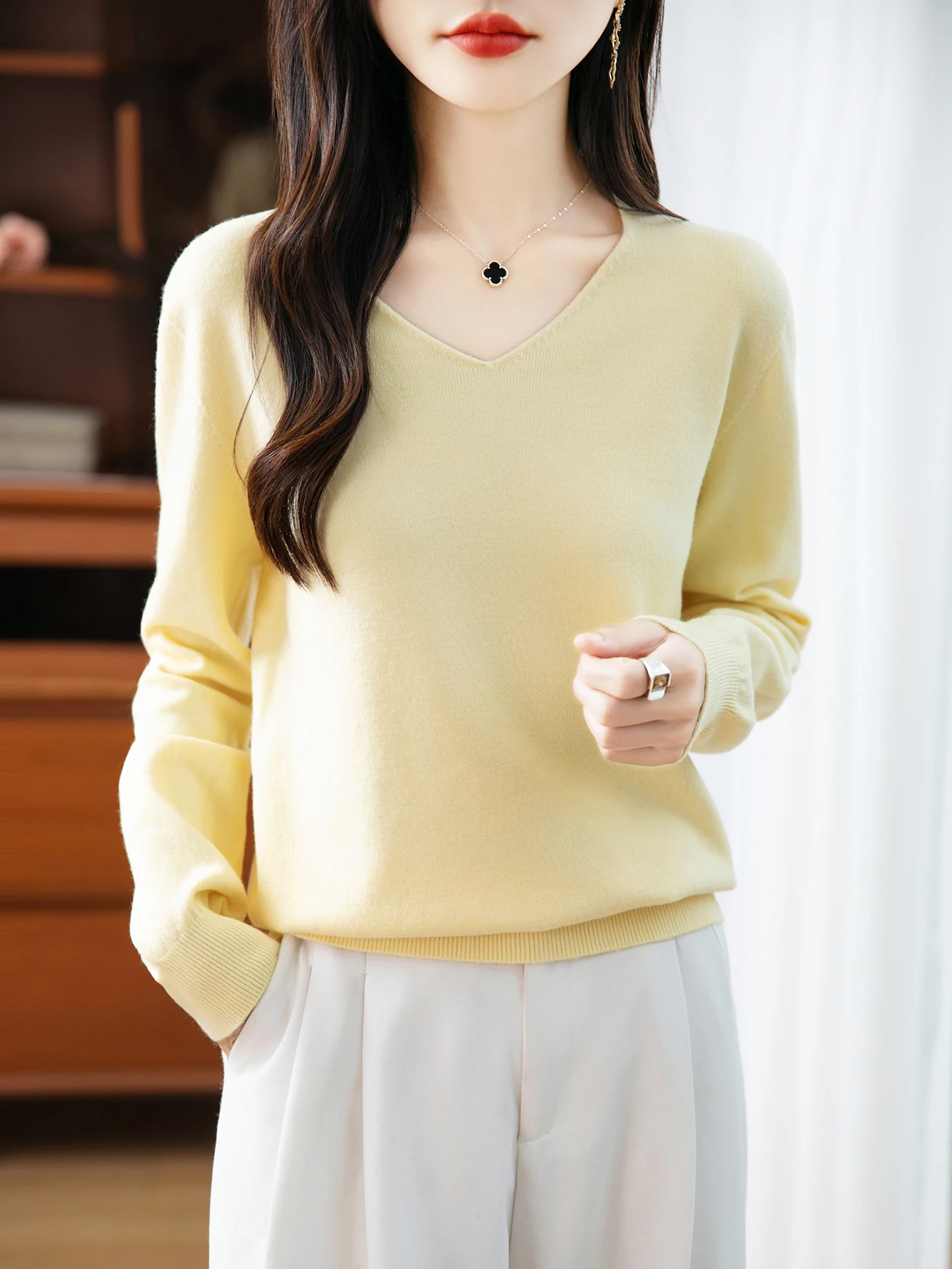 Basic Autumn Winter Woman Sweater Solid Female Merino Wool Knitwear V-Neck Pullover Cashmere Ladies Long Sleeve Clothing Tops - Image 2
