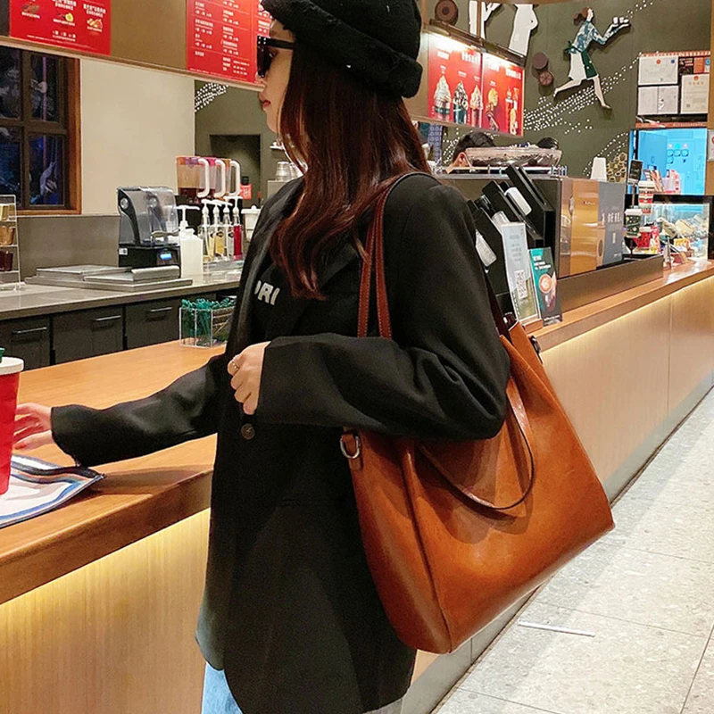 100% Genuine Leather Women Tote Bag Large Capacity High Quality Cowhide Women's Shoulder Bags Wrinkled Opening Fashion Handbag - Image 4